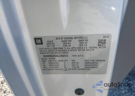 2012 Chevrolet Traverse 1Lt из США, поврежденный, VIN 1GNKRGED0CJ308410